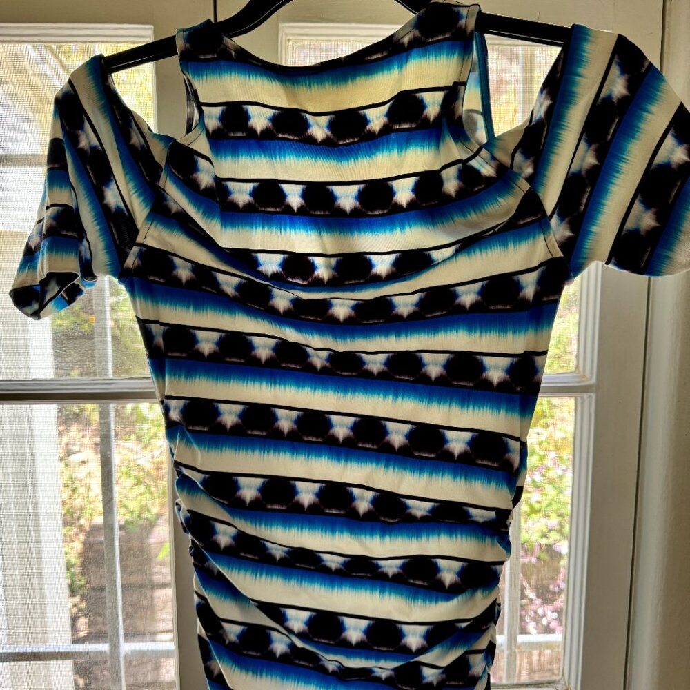 NICOLE MILLER Tie Dye Stripe Asymmetrical Cold Shoulder Dress - Picture 7 of 9